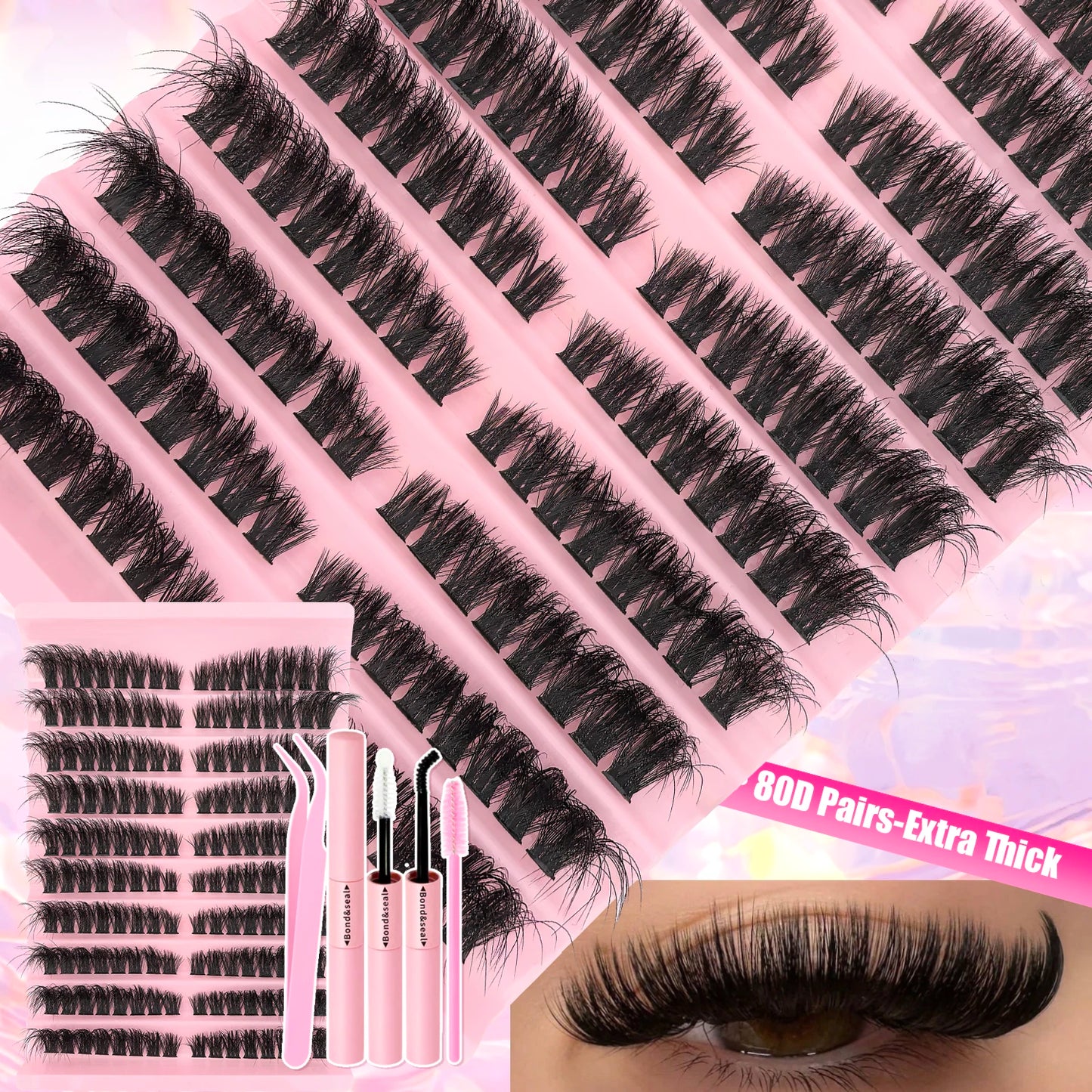 DIY Lash Extension Kit Clusters Individual Eyelashes Kit 9-16mm with Bond and Seal Wispy Natural Mange Lash