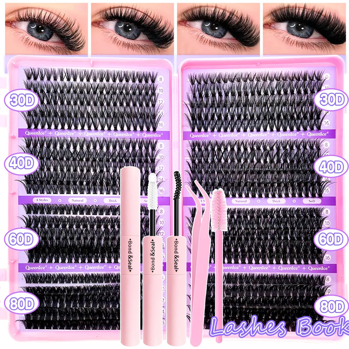 DIY Lash Extension Kit Clusters Individual Eyelashes Kit 9-16mm with Bond and Seal Wispy Natural Mange Lash