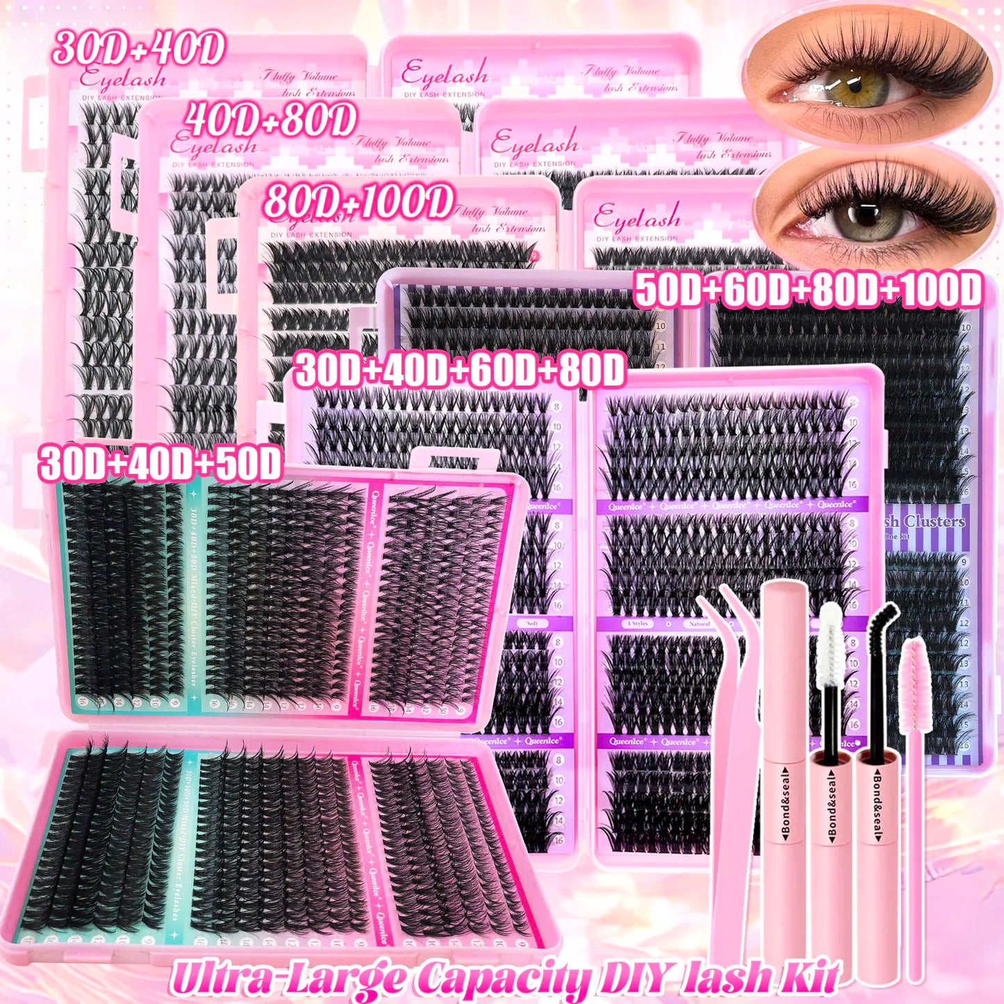 DIY Lash Extension Kit Clusters Individual Eyelashes Kit 9-16mm with Bond and Seal Wispy Natural Mange Lash