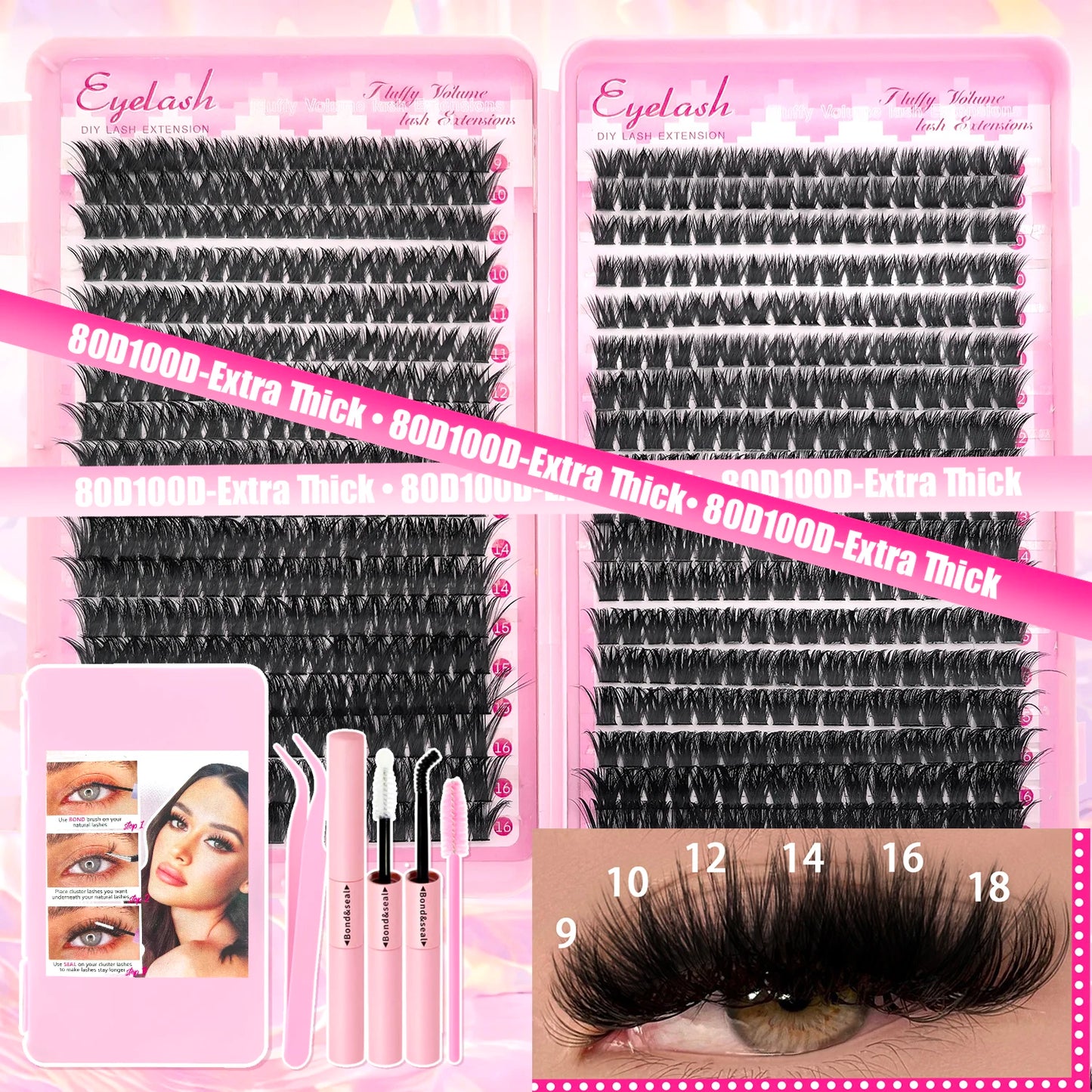 DIY Lash Extension Kit Clusters Individual Eyelashes Kit 9-16mm with Bond and Seal Wispy Natural Mange Lash
