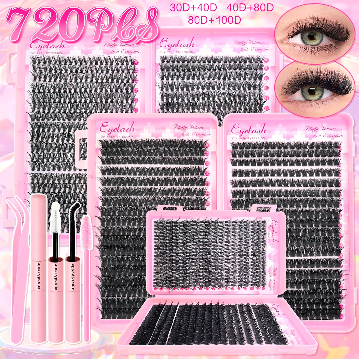 DIY Lash Extension Kit Clusters Individual Eyelashes Kit 9-16mm with Bond and Seal Wispy Natural Mange Lash