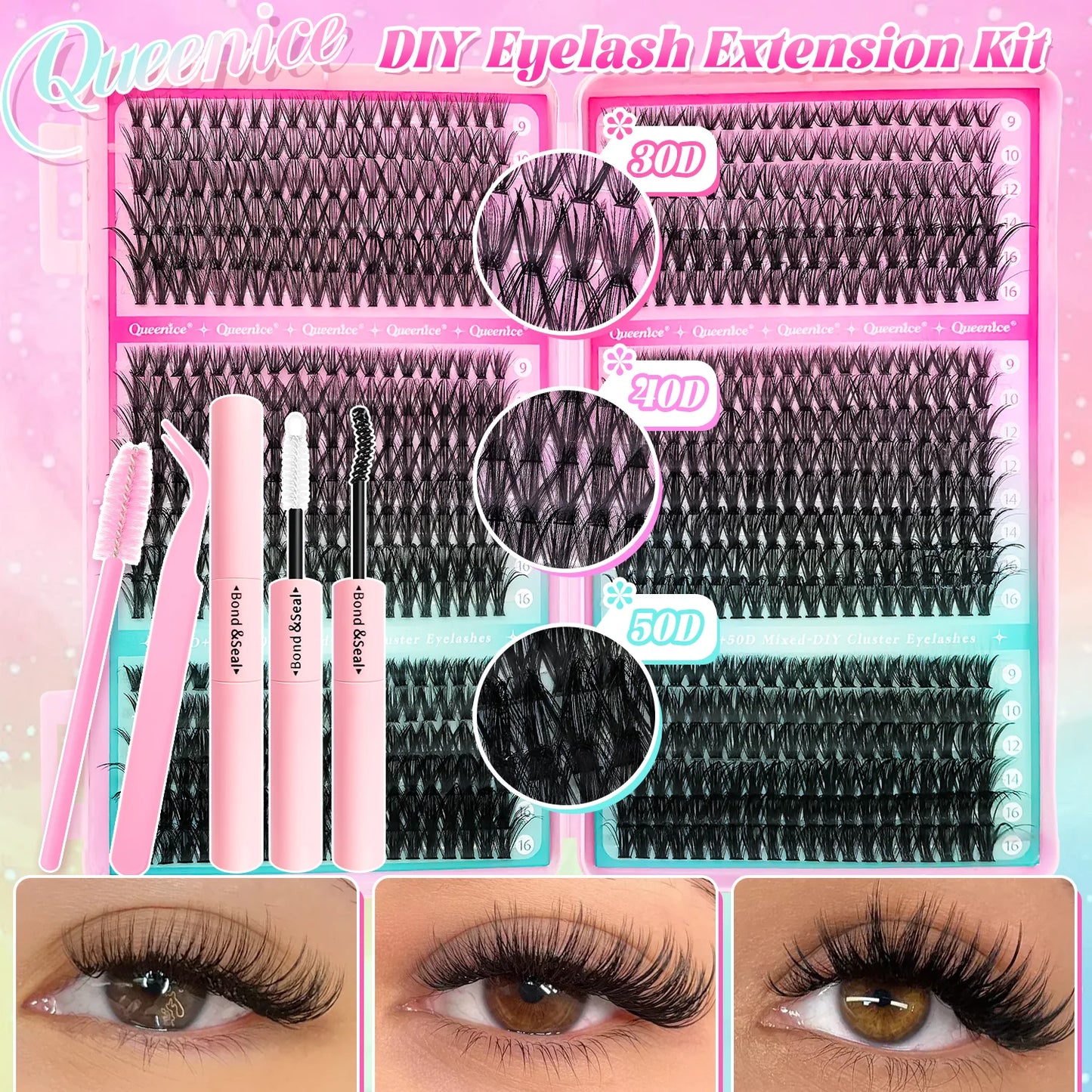 DIY Lash Extension Kit Clusters Individual Eyelashes Kit 9-16mm with Bond and Seal Wispy Natural Mange Lash