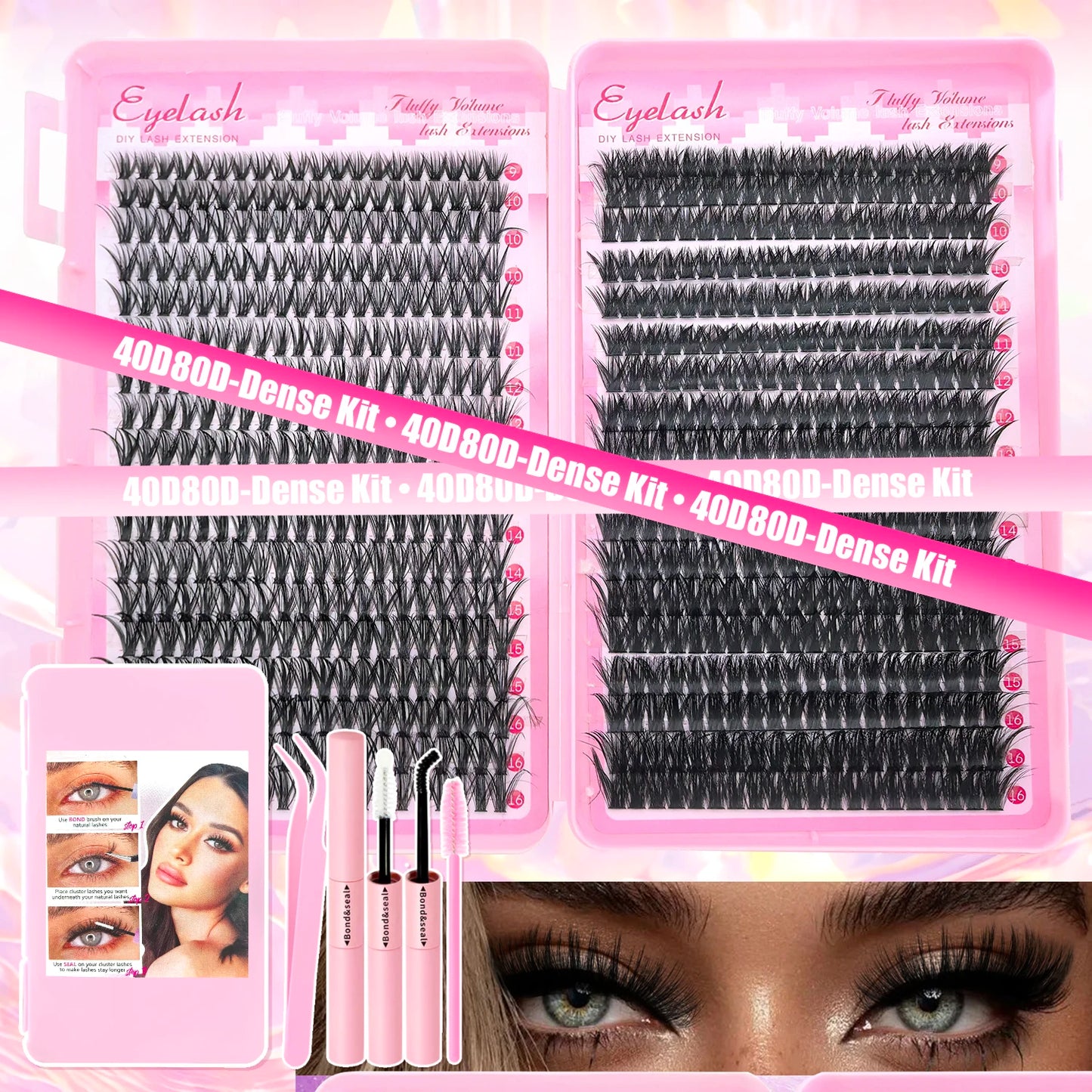 DIY Lash Extension Kit Clusters Individual Eyelashes Kit 9-16mm with Bond and Seal Wispy Natural Mange Lash