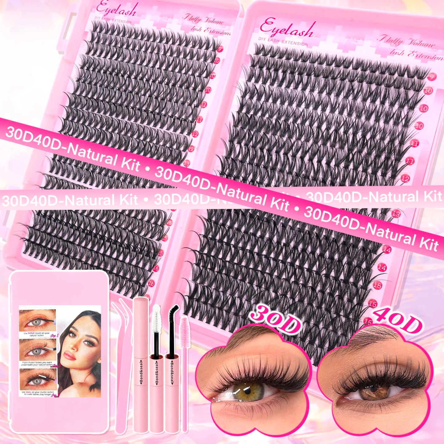 DIY Lash Extension Kit Clusters Individual Eyelashes Kit 9-16mm with Bond and Seal Wispy Natural Mange Lash